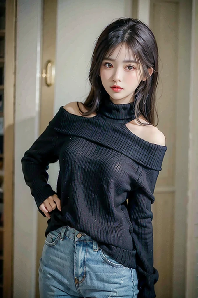 ((Highest quality)), ((masterpiece)), (detailed), One girl, black off shoulder sweater,
