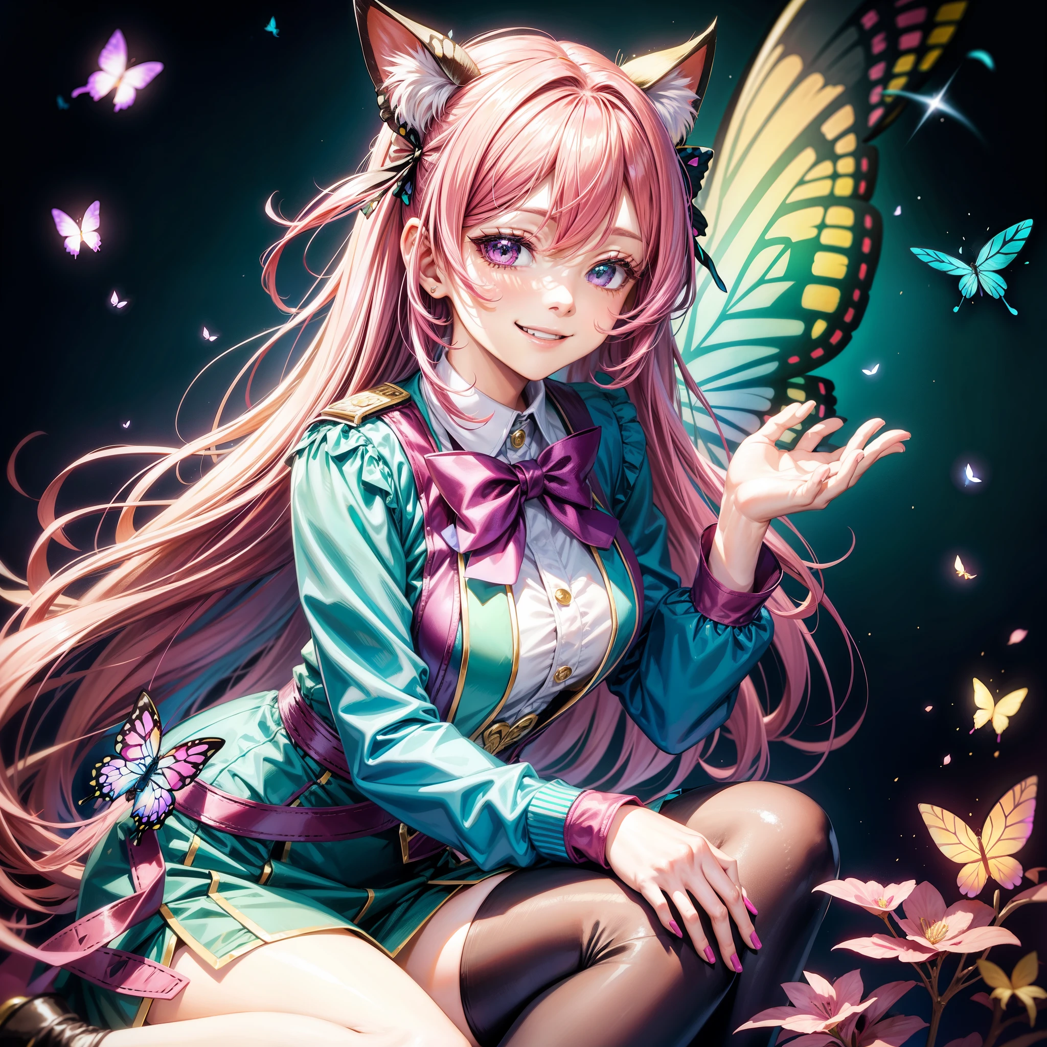 Magenta hair, hazel eyes, older woman, hair bows, cat ears, long hair, smiling face, outfit, butterflies, teal and gold outfit, butterfly background, uniform outfit