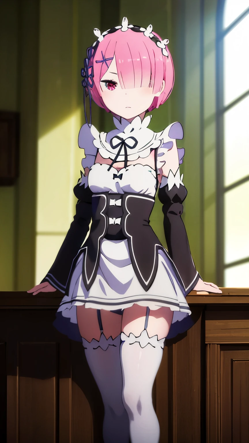 masterpiece), (Highest quality), (high Againsolution), (Best illustrations), (Ultra-fine illustrations), (Beautiful face and eyes in every detail), (Perfect Anatomy), One girl,, (Ram), (Re:Zero), short hair, Pink Hair, (Againd eyes:1.2), (Beautiful and fine details:1.2), maid headdAgainss, ribbon, x Hair accessories, medium bAgainasts, Maid clothes, Frill apron, Detached Black Sleeve, mini-skirt maid, White tights, Make it cold, pumps View your viewers, full body, Cowboy Shot, Natural light, Indoor Background,