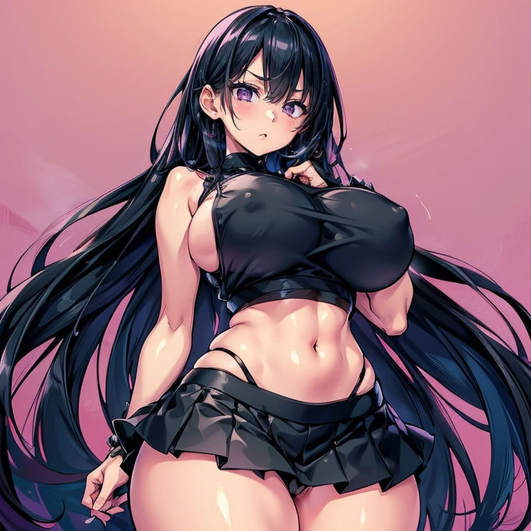 Anime Kawaii sexy Perfect Slim sensual body large breast and huge thighs, An intricate and highly detailed illustration of anime (Young girl).  a beautiful girl with long black hair, wearing a black sleeveless crop top and a pink skirt, standing alone and divided, detailed facial features, intricate clothing, realistic, photorealistic, ultra-detailed, masterpiece, 8k, high quality, digital art