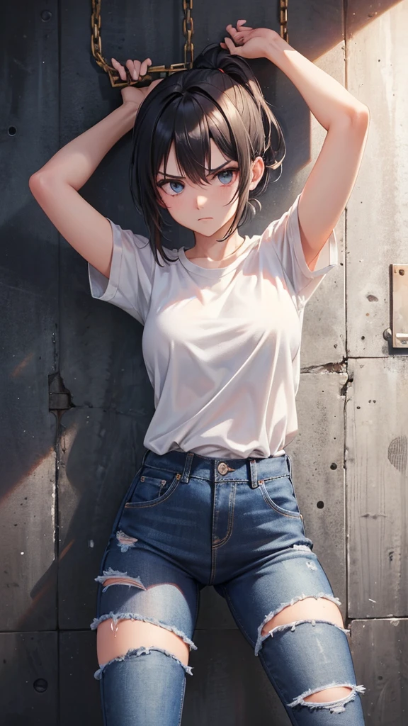 score_9, score_8_above, score_7_above, score_6_above, score_5_above, score_4_above, cowboy shot, partition wall, 1 girl, chained, serious expression, angry look, Short black ponytail hair, ww chain, open legs, arms outstretched, messy hair, White shirt, Jeans, Dungeon, Best Quality, better resolution, 4k HD,
