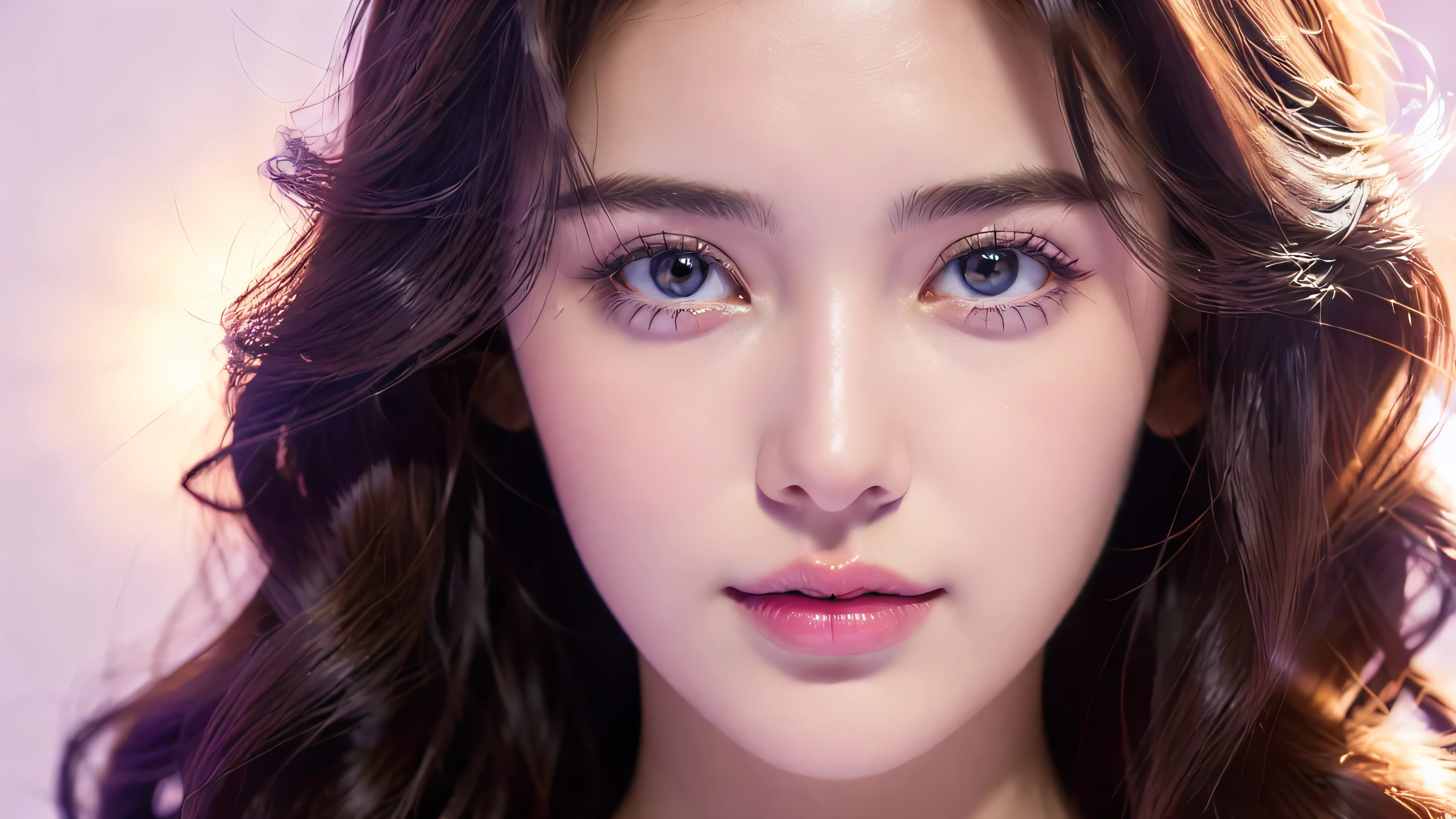 (Close-up of beautiful 28-year-old girl in classic style light purple dress: 1.2), stock photo film, camera f1. 6, saturated colors, lively, Patterns are lifelike, Impressive classic lighting, Modern style, sexy full body photo, Evening, Medium curly hair dyed light brown
