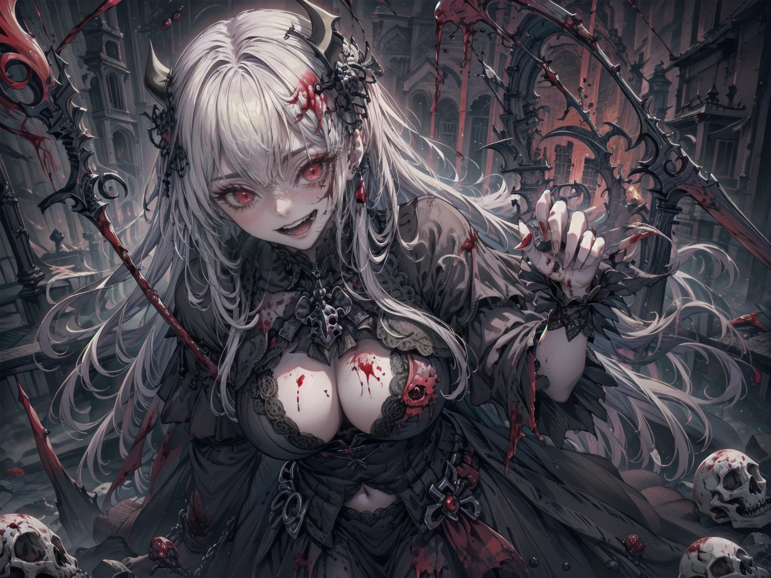 (Highest quality,4K,High resolution,masterpiece:1.2),Very detailed,Realistic:1.37,Spooky altar background,Dark fantasy,Red color scheme,Ominous atmosphere,Eye-catching,Storytelling,anatomy,Anime Style,Concept Art,beautiful細部までこだわった顔と (((Red eyes ))),A terrifying ritual ,Satanic Ritual,Premature death,inappropriate behavior,クレイジーなsmile,Scythe Face,Girl Monster, beautiful, Delicate facial features, Sharp Eye, Sharp Fangs, Pale skin, Thick chain, Dark Background, Cinema Lighting, Dramatic Shadows, Gothic style, Gloomy atmosphere, Dark fantasy, One Girl, , Please open your mouth wide, Open your mouth and baring your teeth,Sharp teeth like a beast, Wide lips, very wide mouth, Vermilion cheeks, ,(Blood splatter:1.4),Scary smile, smile,Wizard Design, Twisted smile、Bloody、bleeding from the head,,,,、Blood splatter、,(Blood splatter:1.4),skull,Horror Style, ((Fantasy Wizard Costume)), ((Flowing black hair)), ,(Blood splatter:1.4),Female curves, Sexy flat stomach, Perfect hands, Perfect anime face, ((black ****ta dress)), Are standing, ((邪悪なsmile)), ,(Blood splatter:1.4), Steam circulates, night lighting, (Blood splatter:1.6),アニメWizard Design, Twisted smile、Bloody、bleeding from the head,,,,、Blood splatter、,(Blood splatter:1.4), skull,Gothic architecture、Western architecture、Fantasy World、,Victorian cities, Skeleton Gas Light,