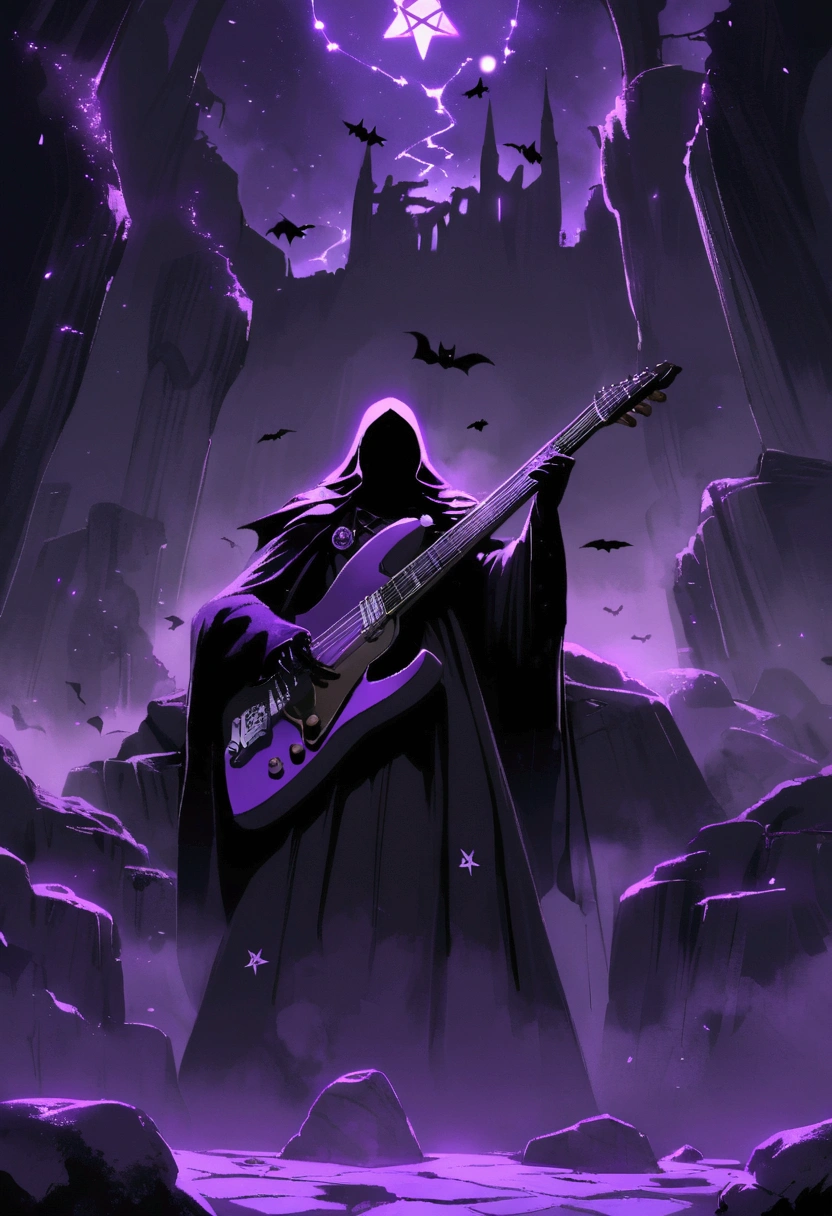 A dark and mystical background inspired by Black Sabbath, featuring a glowing pentagram surrounded by swirling mist and shadowy bats. In the starry night sky above, Eerie rock formations and ancient ruins add to the eerie atmosphere. Mystical symbols and the Black Sabbath logo are subtly integrated into the scene, with touches of electric guitars and musical notes drifting through the mist. Color scheme includes deep blacks, purple, and silver gray, evoking a brooding, atmospheric feel.