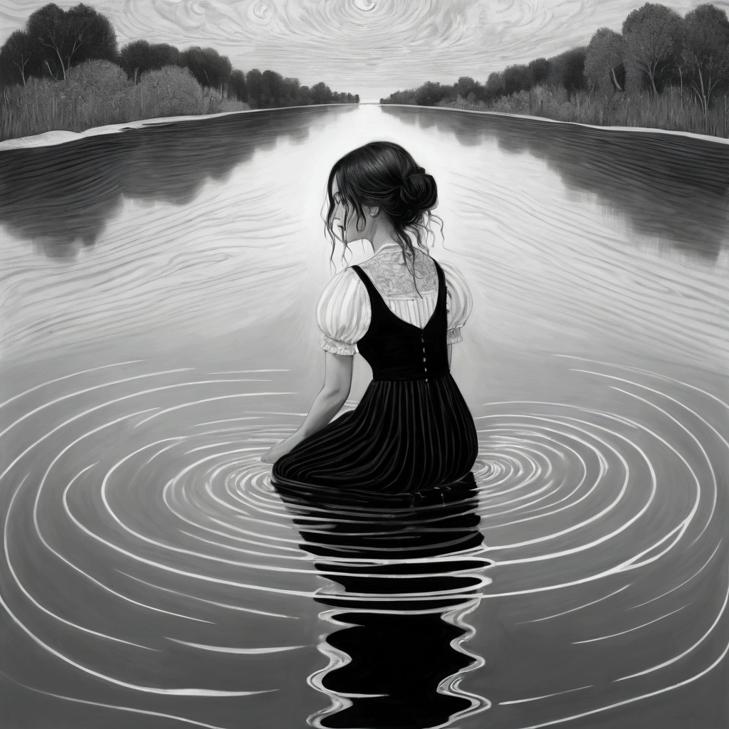 ((Inspired by James Ensor)), absurd, high resolution, Extremely detailed, (Black and White), (1 Girl:1.3), Hand Painted, Simple lines, sitting in water, Flowing hair, Floating clothes,