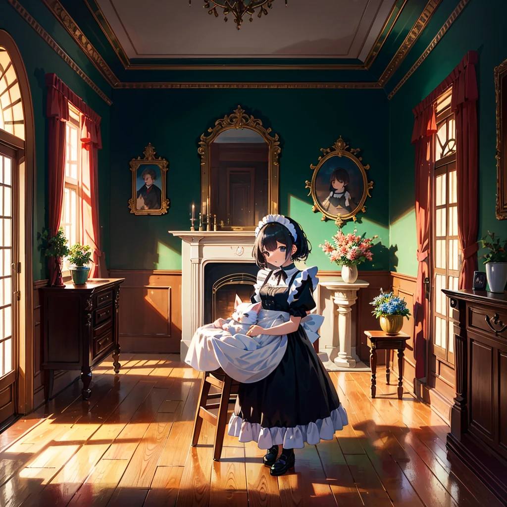 {{{Masterpiece, highest quality, high resolution background}}}, bright and beautiful atmosphere, 3 girls (2 years old, 1 short-tempered round face), 1  (hair, surface effects), small breasts, fireplace A country Room, girl dressed as a maid, kitten in a cradle, "deltamon_sdXL :0.73) >Deltamon"