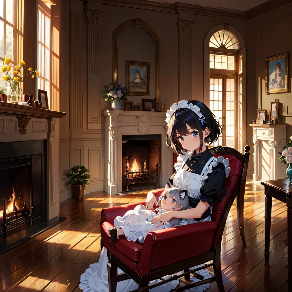 {{{Masterpiece, highest quality, high resolution background}}}, bright and beautiful atmosphere, 3 girls (2 years old, 1 short-tempered round face), 1  (hair, surface effects), small breasts, fireplace A country Room, girl dressed as a maid, kitten in a cradle, "deltamon_sdXL :0.73) >Deltamon"