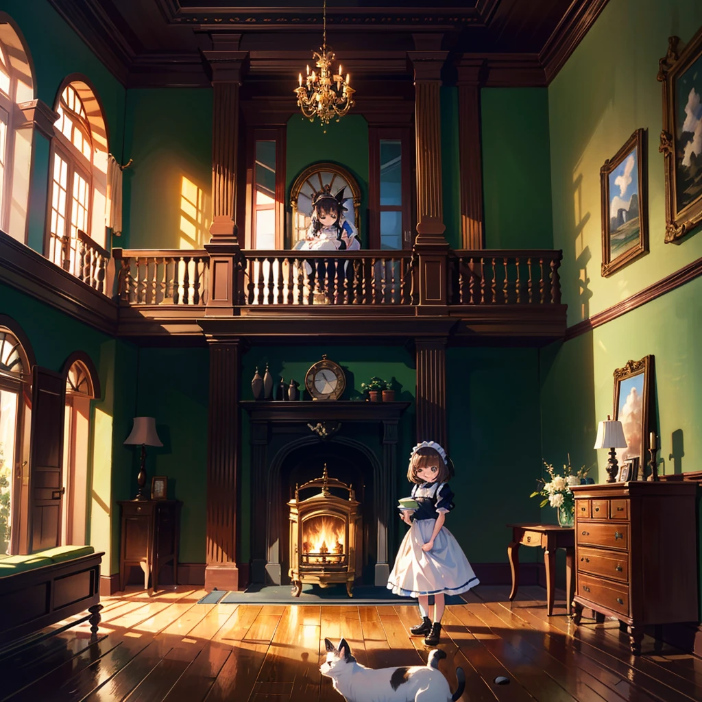 {{{Masterpiece, highest quality, high resolution background}}}, bright and beautiful atmosphere, 3 girls (2 years old, 1 short-tempered round face), 1 (hair, surface effects), small breasts, fireplace A country Room, girl dressed as a maid, kitten in a cradle, "deltamon_sdXL :0.73) >Deltamon"