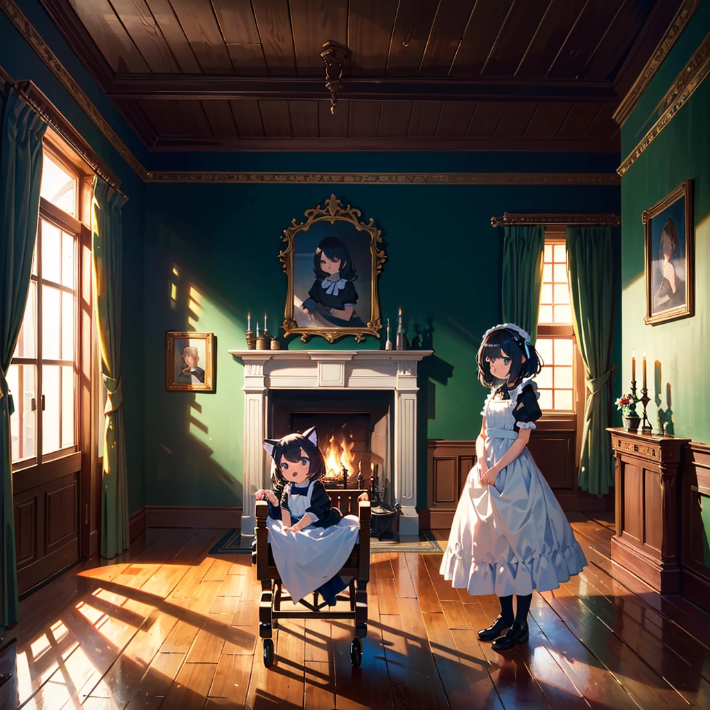 {{{Masterpiece, highest quality, high resolution background}}}, bright and beautiful atmosphere, 3 girls (2 years old, 1 short-tempered round face), 1 (hair, surface effects), small breasts, fireplace A country Room, girl dressed as a maid, kitten in a cradle, "deltamon_sdXL :0.73) >Deltamon"