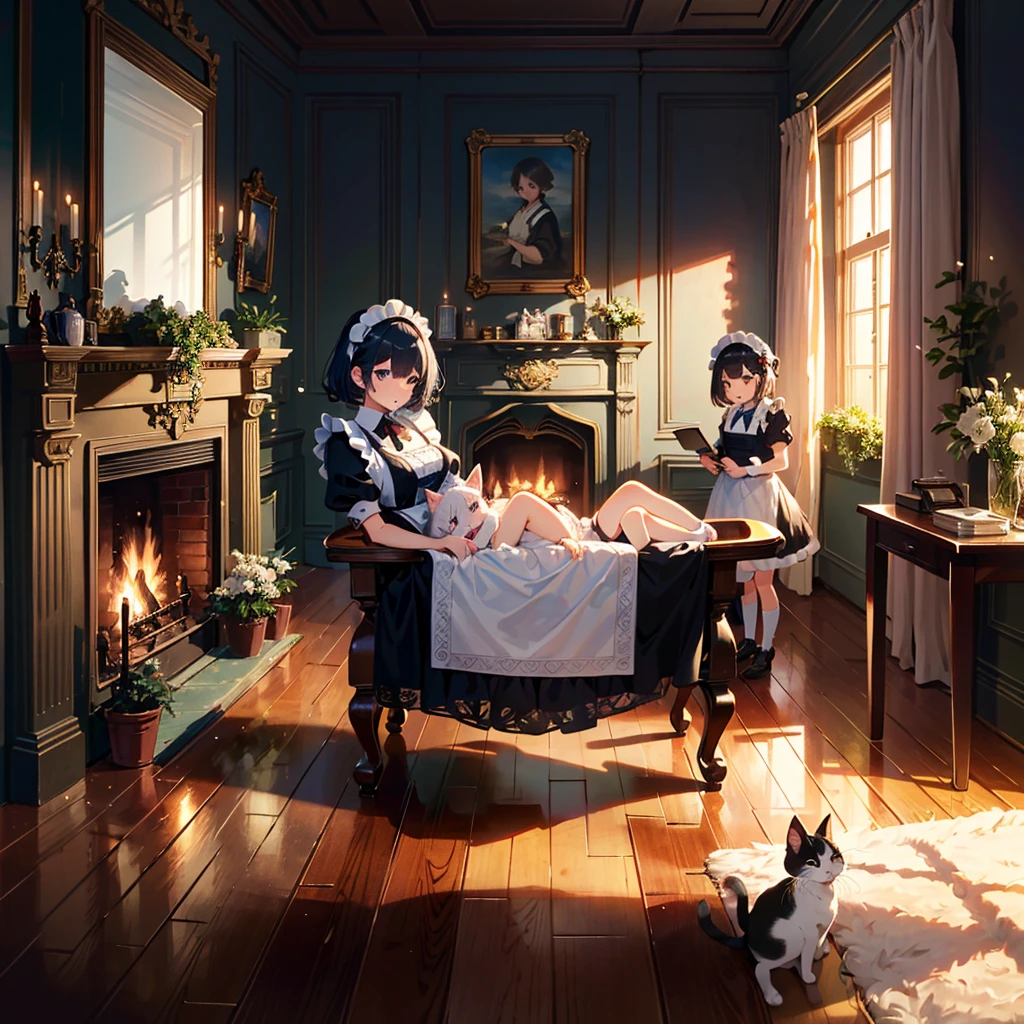 {{{Masterpiece, highest quality, high resolution background}}}, bright and beautiful atmosphere, 3 girls (2 years old, 1 short-tempered round face), 1 (hair, surface effects), small breasts, fireplace A country Room, girl dressed as a maid, kitten in a cradle, "deltamon_sdXL :0.73) >Deltamon"
