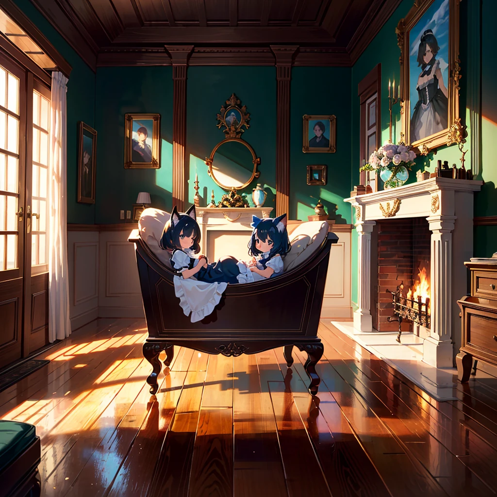 {{{Masterpiece, highest quality, high resolution background}}}, bright and beautiful atmosphere, 3 girls (2 years old, 1 short-tempered round face), 1 (hair, surface effects), small breasts, fireplace A country Room, girl dressed as a maid, kitten in a cradle, "deltamon_sdXL :0.73) >Deltamon"