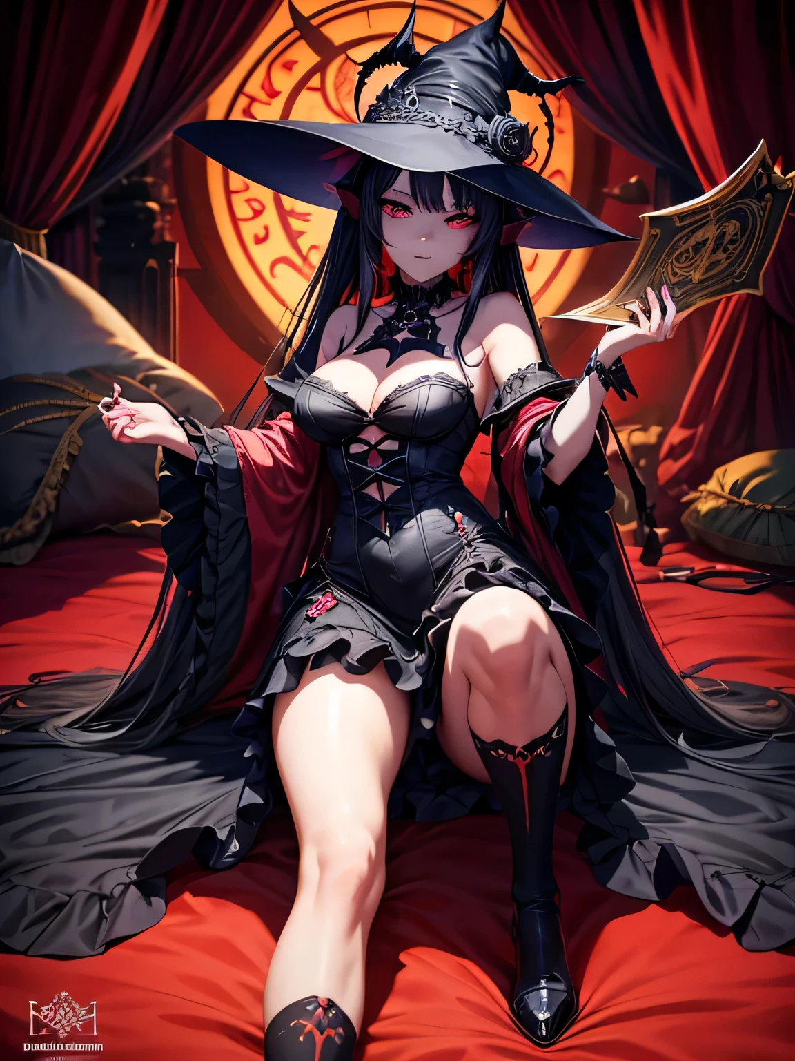 a close up of a person wearing a costume and a hat, demon anime girl, gothic maiden anime girl, fashionable dark witch, anime full body illustration, dark witch character, from arknights, trending on artstation pixiv, anime girl wearing a black dress, fullbody commission for, dark sorceress fullbody pose, beautiful elegant demon queen, dark demonic dancer, 4k, very detailed, red palace background, charming, Indonesia flag in background, amazing artwork