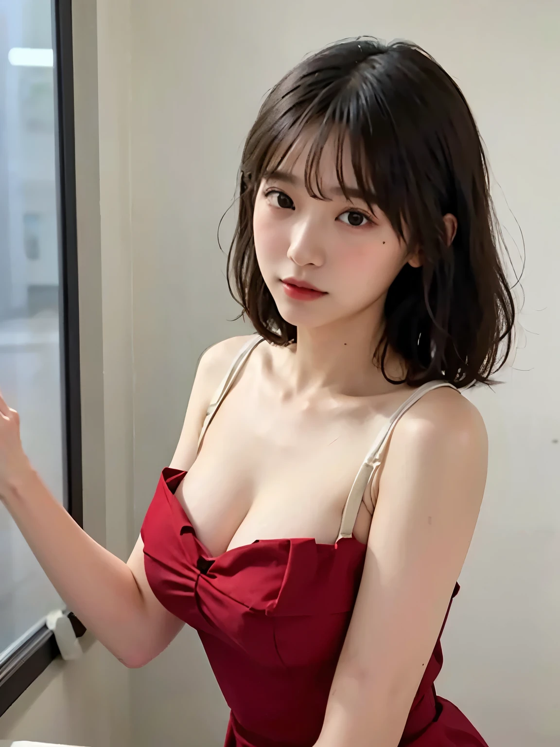 (masterpiece),(Highest quality:1.1),(Very detailed), In detail, slim,(Very delicate and beautiful face),1４age、Japanese women、very cute, Red dress、(Short Hair), Beautiful breasts, The corners of the mouth are slightly turned up, (Shyness）、Tight Skirt