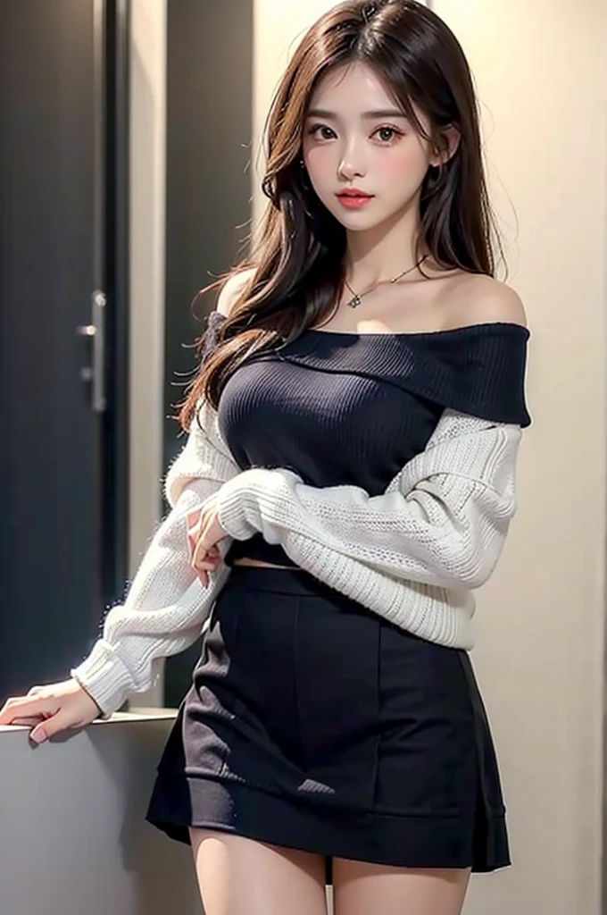((Highest quality)), ((masterpiece)), (detailed), One girl, White off-the-shoulder sweater,
