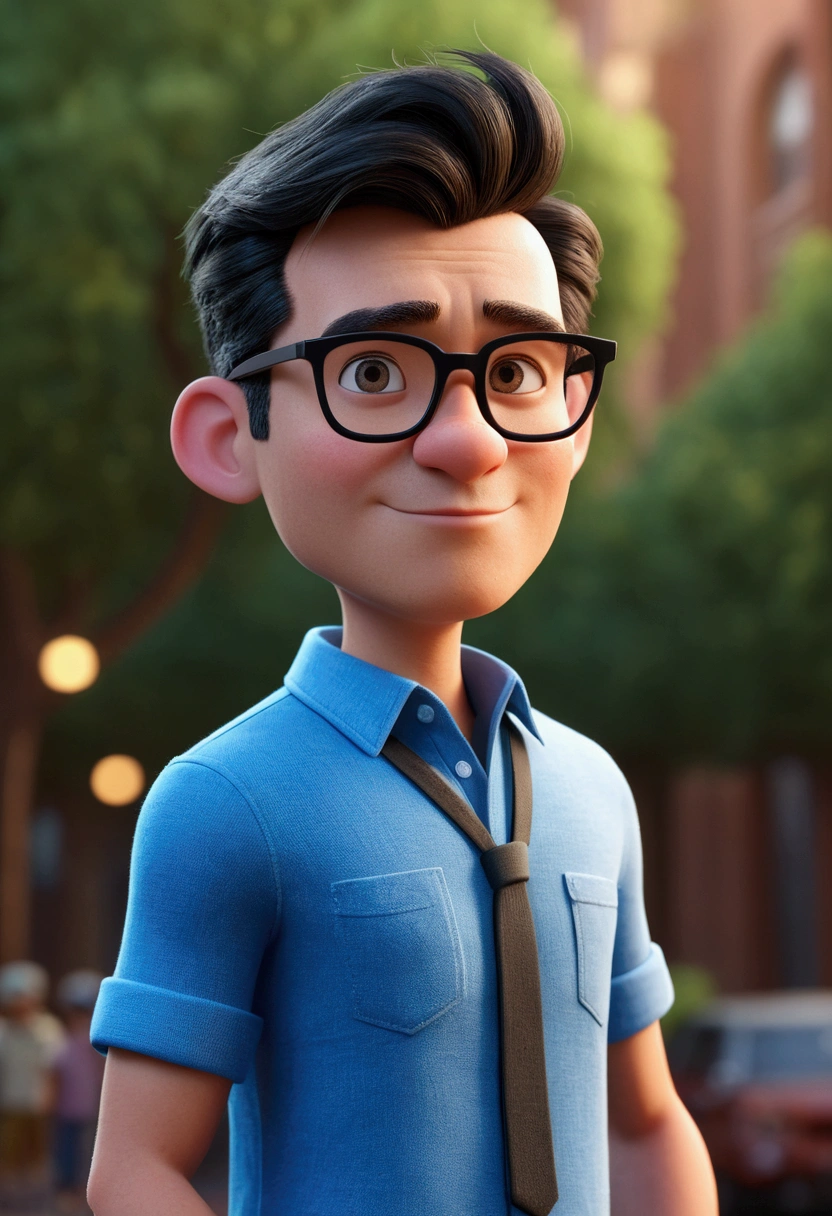 Cartoon character of a man in black glasses and blue shirt, animation character, stylized character, animation style rendering, 3d stylized, Arnold Maya rendering, Stylized 3D rendering, toon render screenshot, 3d character, 3d character, Stylized 3D rendering, 3D character rendering, cartoon character, Personagem de close up, character posing,  (Pixar-style) (master part:1.2) (bokeh) (best qualityer) (skin detailed) (detailed texture) (8k) (Argilla) (cinematic lighting) (sharp focus