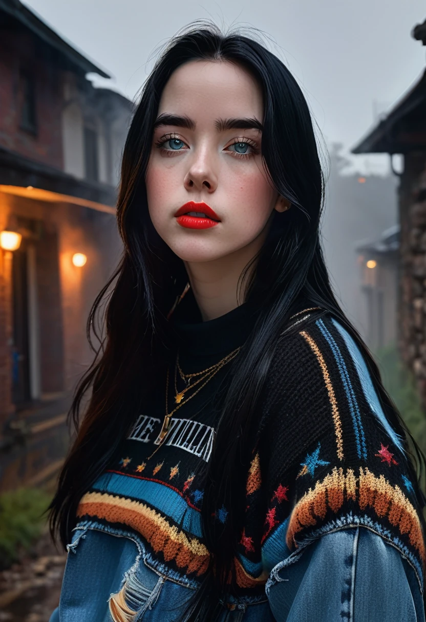 billieeilish, 長いBlack Hair, Modern photography, (wearing large Edge PO pullover, Edge PO), (Wearing leggings), (Cowboy Shot), (35mm, debt/2.8) Photo debtocus, DOdebt, Aperture, Highly detailed and exquisite, character, Hypermaximalist, beautiful, reveal, Charm, Charm, Affectionate, Ultra-realistic, Very detailed, beautiful girl, ((Detailed eyes)), Long eyelashes, (Glossy Lips), Standing on a narrow dark road, Fog in the background, Pitch Black Night, Cloudy, alone、sad、Hopeless、Dark background、((Dark roads))、There is not a single streetlight、Really dark background、In the ruins、(Black Hair)、Wearing black knitted clothing、Wearing jeans。