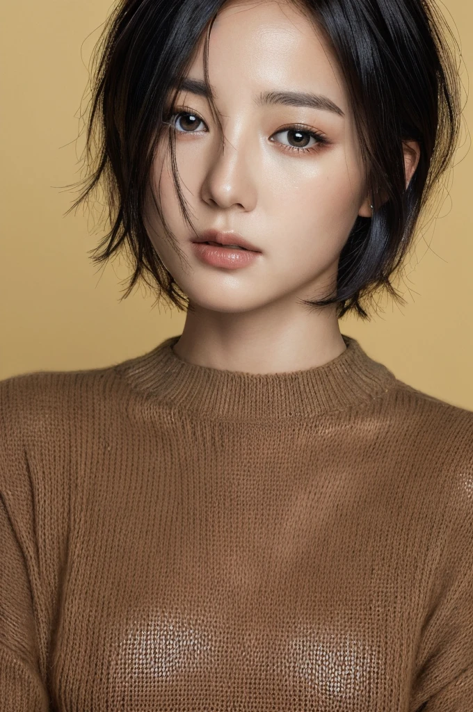 Masterpiece: 1.3), (8k, photorealistic, RAW photo, top quality: 1.4), (1girl), beautiful face, (realistic face), (black hair, short hair: 1.3), beautiful hairstyle, realistic eyes, beautiful detail eyes, (realistic skin), beautiful skin, (sweater), absurd, attractive, ultra high resolution, ultra realistic, high definition, golden ratio
