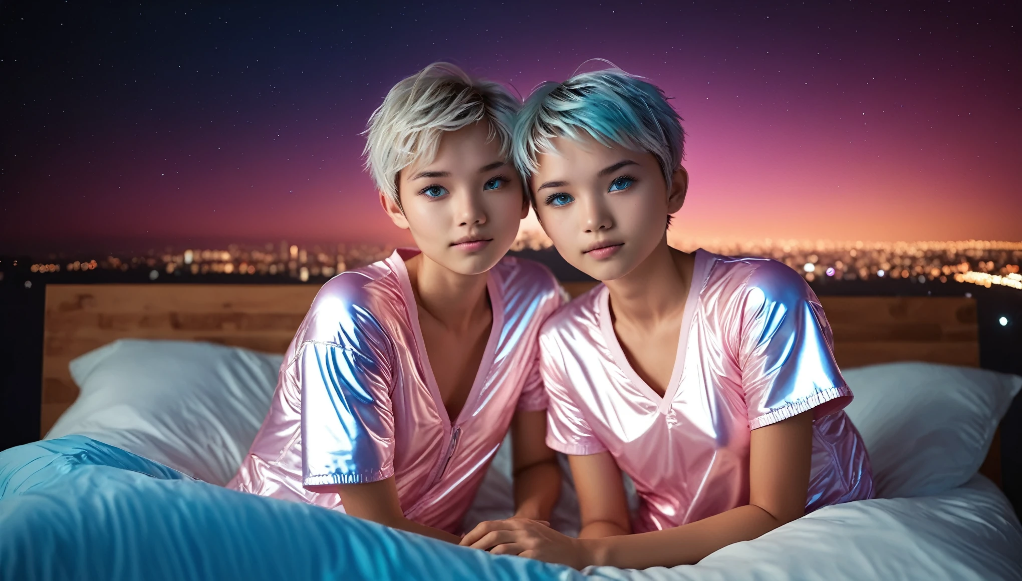 Top Quality, Masterpiece, High Resolution, 8k, ((2 cute girls in a light pink blue open shiny puffer with plunging neckline, short sleeves, wide neckline, deep neckline, small perky breasts, extremely detailed face, detailed slightly open eyes, beautiful detailed lips, short asymmetrical pixie hair, small hips)), in a spaceship, on bed, intricate details, at night, backlit, random neon color, full body shot, view from distance, random pose