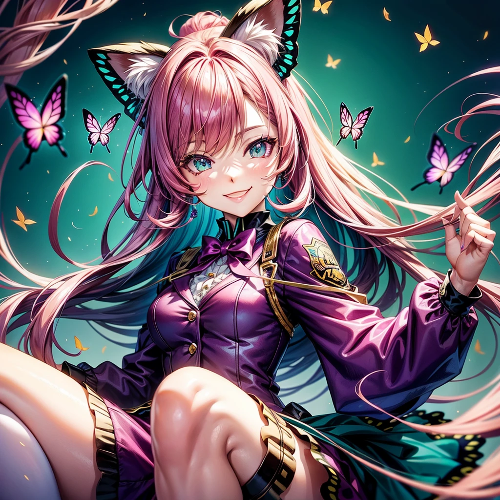 Magenta hair, hazel eyes, older woman, hair bows, cat ears, long hair, smiling face,  outfit, butterflies, teal and gold outfit, butterfly background, uniform top