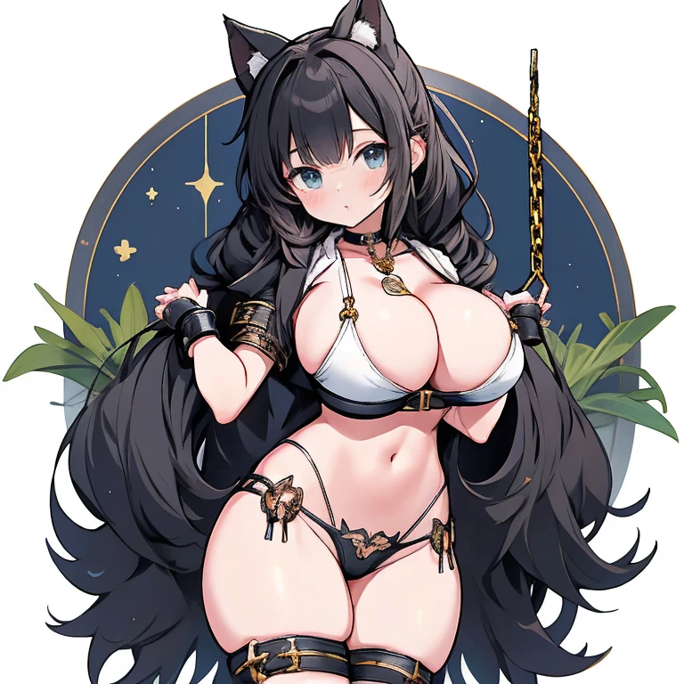 Anime Kawaii sexy Perfect Slim sensual body large breast and huge thighs, An intricate and highly detailed illustration of anime (Young girl). female, standing, direct, 1 girl, looking ahead at viewer, handcuffs on the hands, with a collar around the neck, slave, posição standings para cima, ((black choker, Handcuffs on legs and arms)) show ass, Fur trim, own hands together grabbing your own buttocks