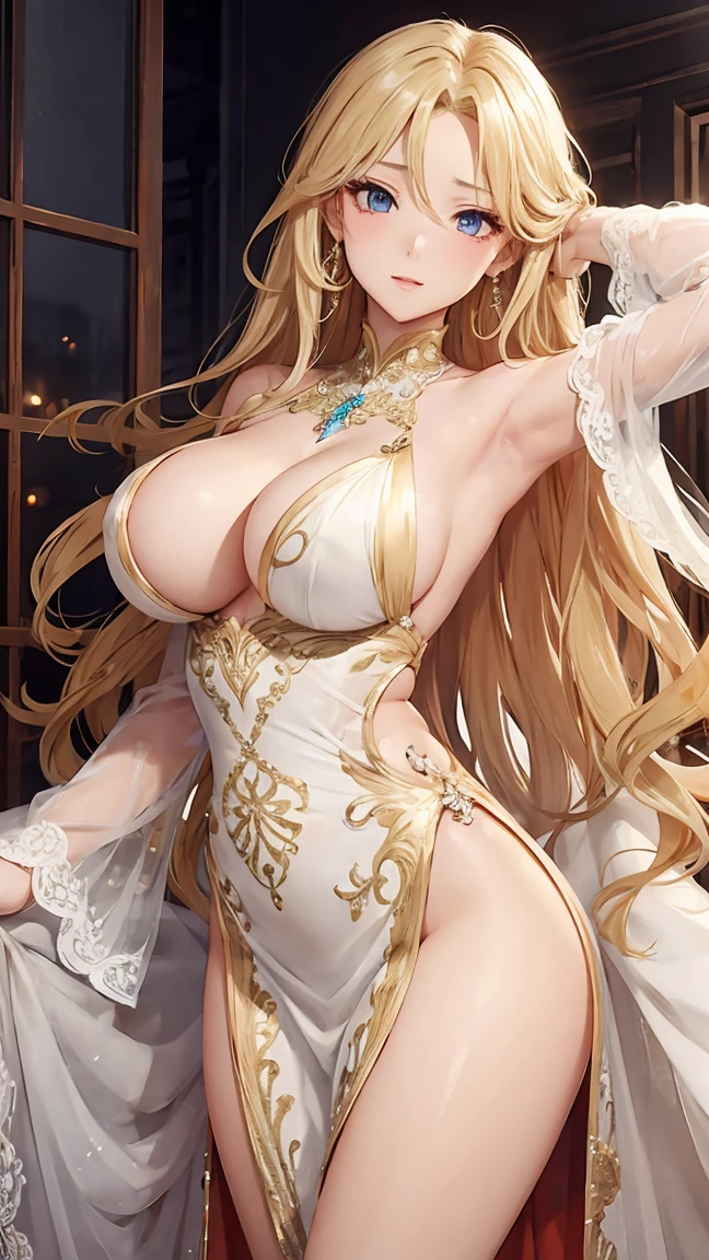 beautiful girl、Perfect body、Beautiful and bountiful breasts、Long blonde hair、((embellished sexy dress))、((I'Is tempting you))