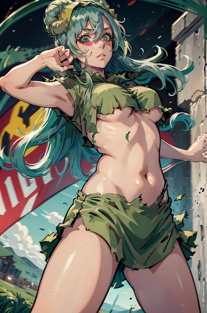 running potrait of Nell odelschwanck green hair kulltorn clothes underboob skirt