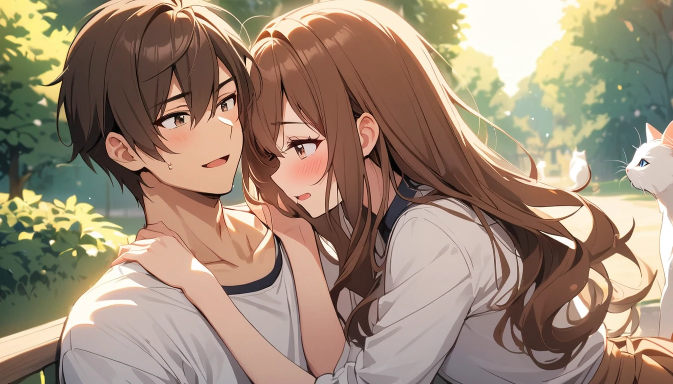1 couple,brown long hair girl,man with brown hair,Tease each other.,There is 1 white cat.,park