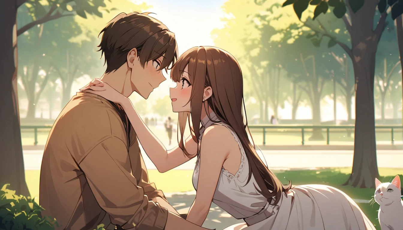 1 couple,brown long hair girl,man with brown hair,Tease each other.,There is 1 white cat.,park