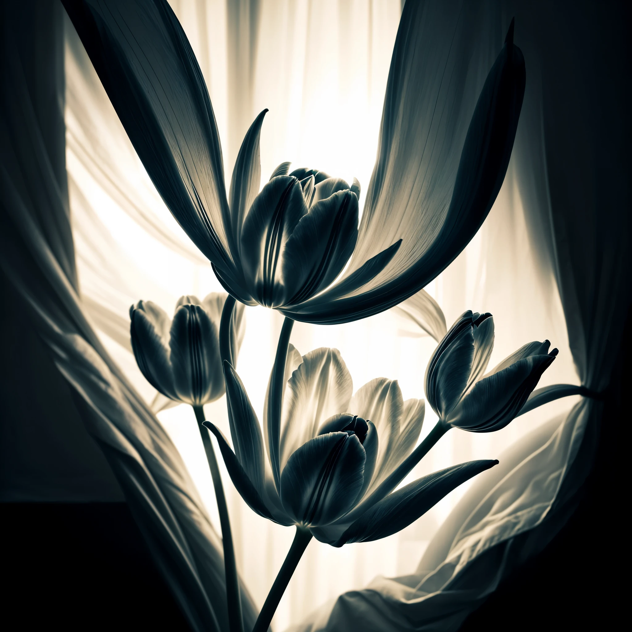 a tulip flower, (surrounded by soft light, direct light, backlight, cinematic lighting, dramatic light, divine light:1.2),