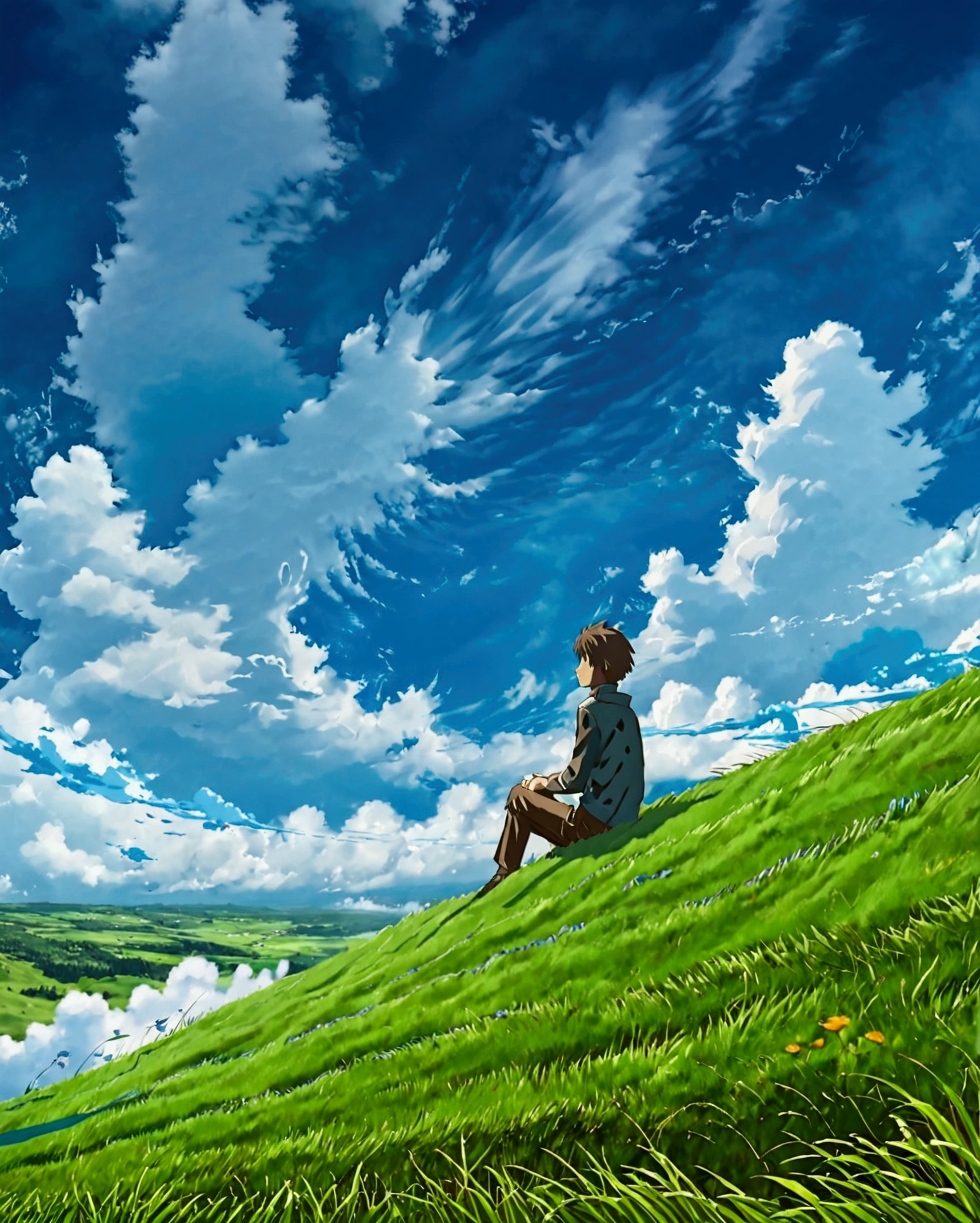 
anime, anime landscape, beautiful hair, sitting in grass, guy looking at clouds, in a grassland, creative, realist, white clouds, blue sky, landscape amazing, guy looking away from camera, wide photo