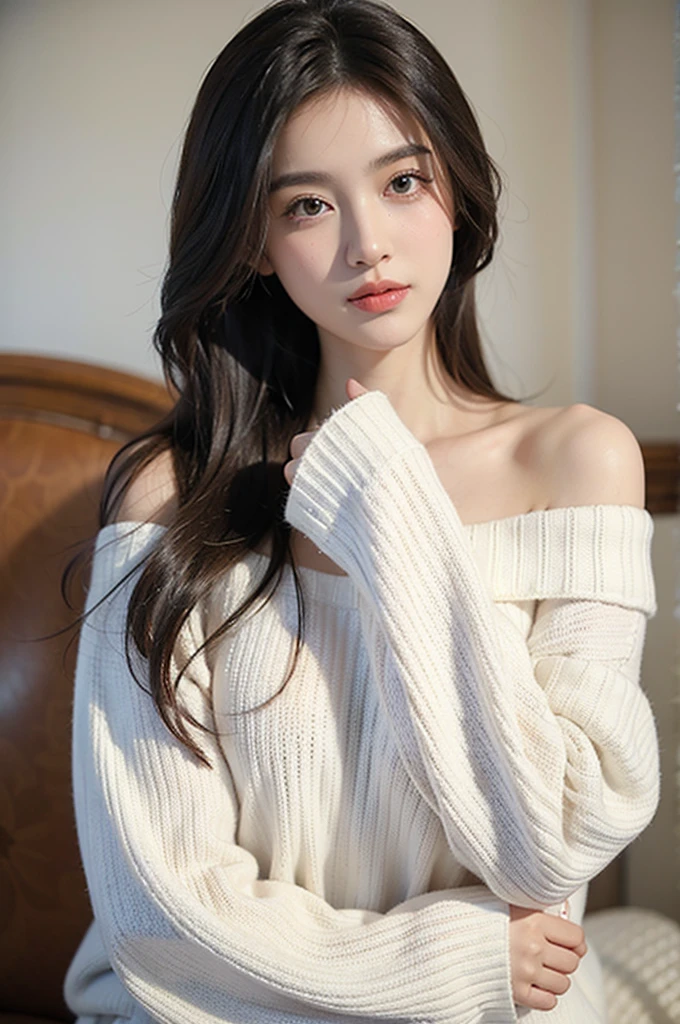 ((Highest quality)), ((masterpiece)), (detailed), One girl, White off-the-shoulder sweater,