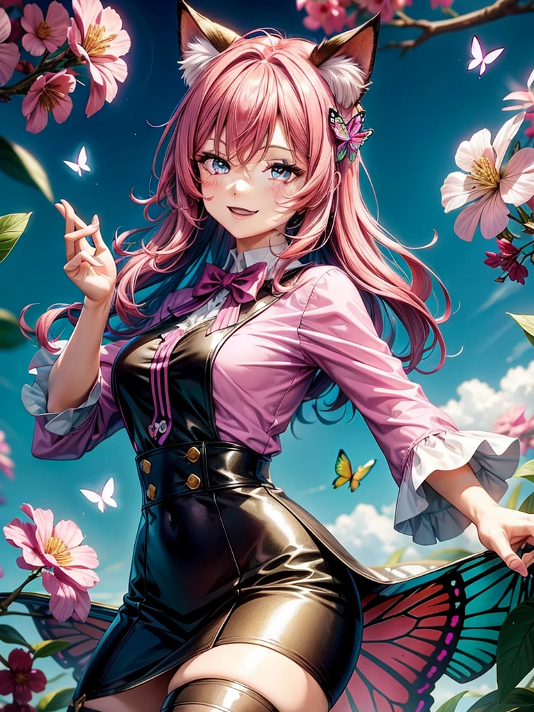 Magenta hair, hazel eyes, older woman, hair bows, cat ears, long hair, smiling face, sexy outfit, butterflies, teal and gold outfit, butterfly background, uniform top