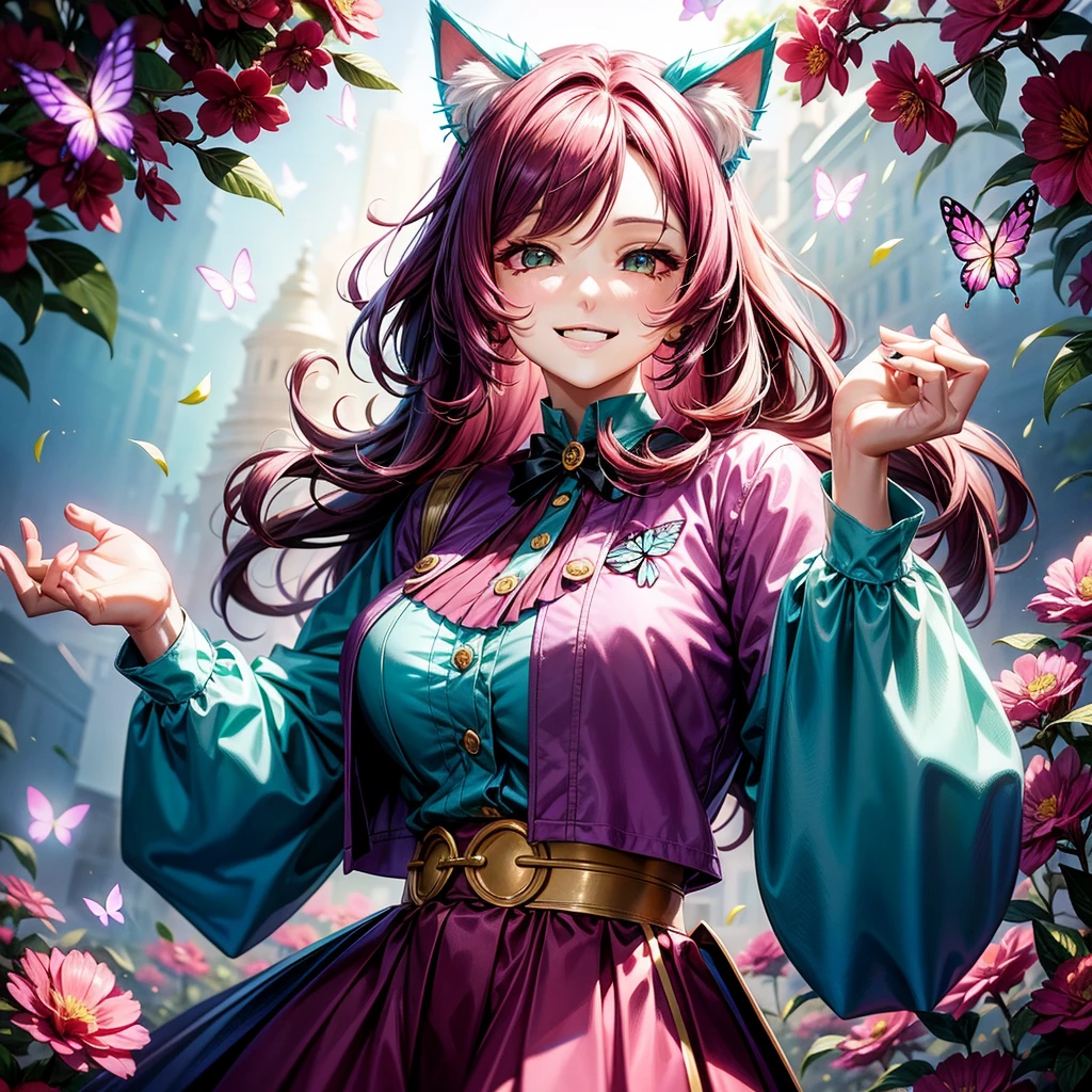 Magenta hair, hazel eyes, older woman, hair bows, cat ears, long hair, smiling face, sexy outfit, butterflies, teal and gold outfit, butterfly background, uniform top