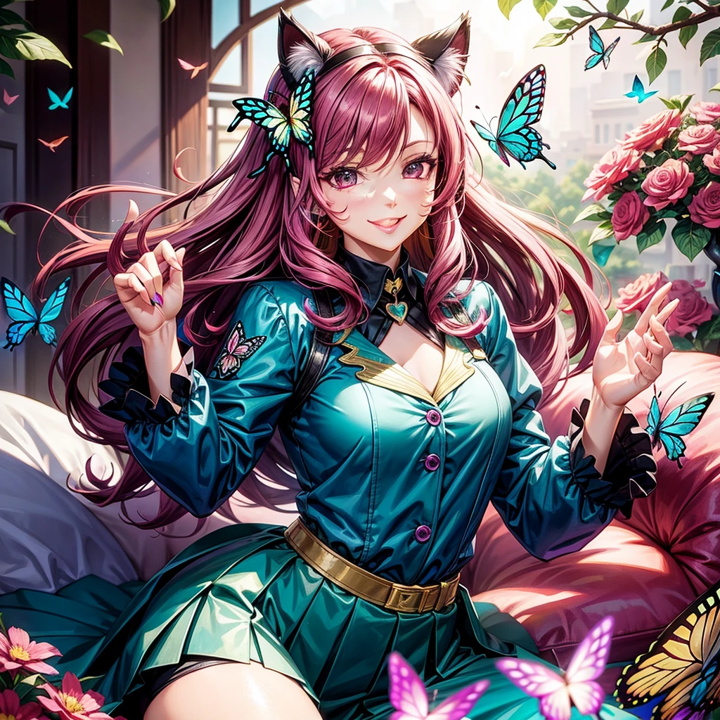 Magenta hair, hazel eyes, older woman, hair bows, cat ears, long hair, smiling face, sexy outfit, butterflies, teal and gold outfit, butterfly background, uniform top