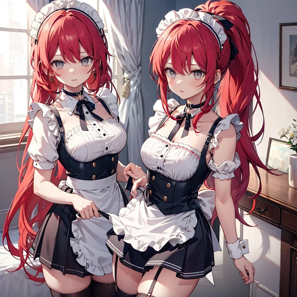 {{{{[[[[>>>]]]]}}}}, [[[[[[1 woman]]]]]] {{{ponytail hair}}}, long hair, red hair, gray eyes animation, Breasts slightly larger, choker, shy, neck strap choker, maid uniform, short skirt, gatherbelt, stockings, very detailed, 8k