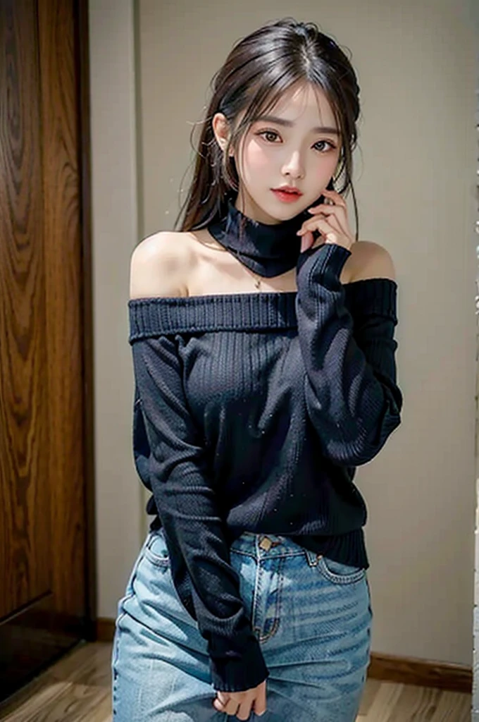 ((Highest quality)), ((masterpiece)), (detailed), One girl, black off shoulder sweater, 