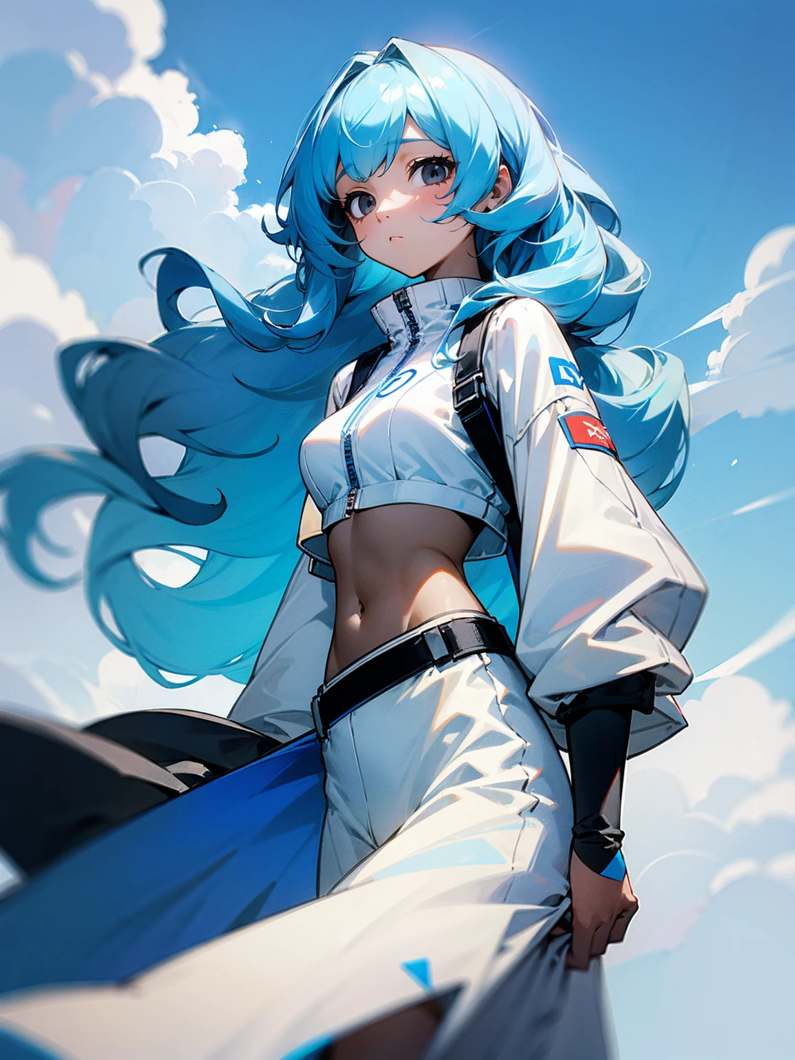 1female, long hair, sky blue hair, curly hair, white dress, crop top jacket, sad, black eyes