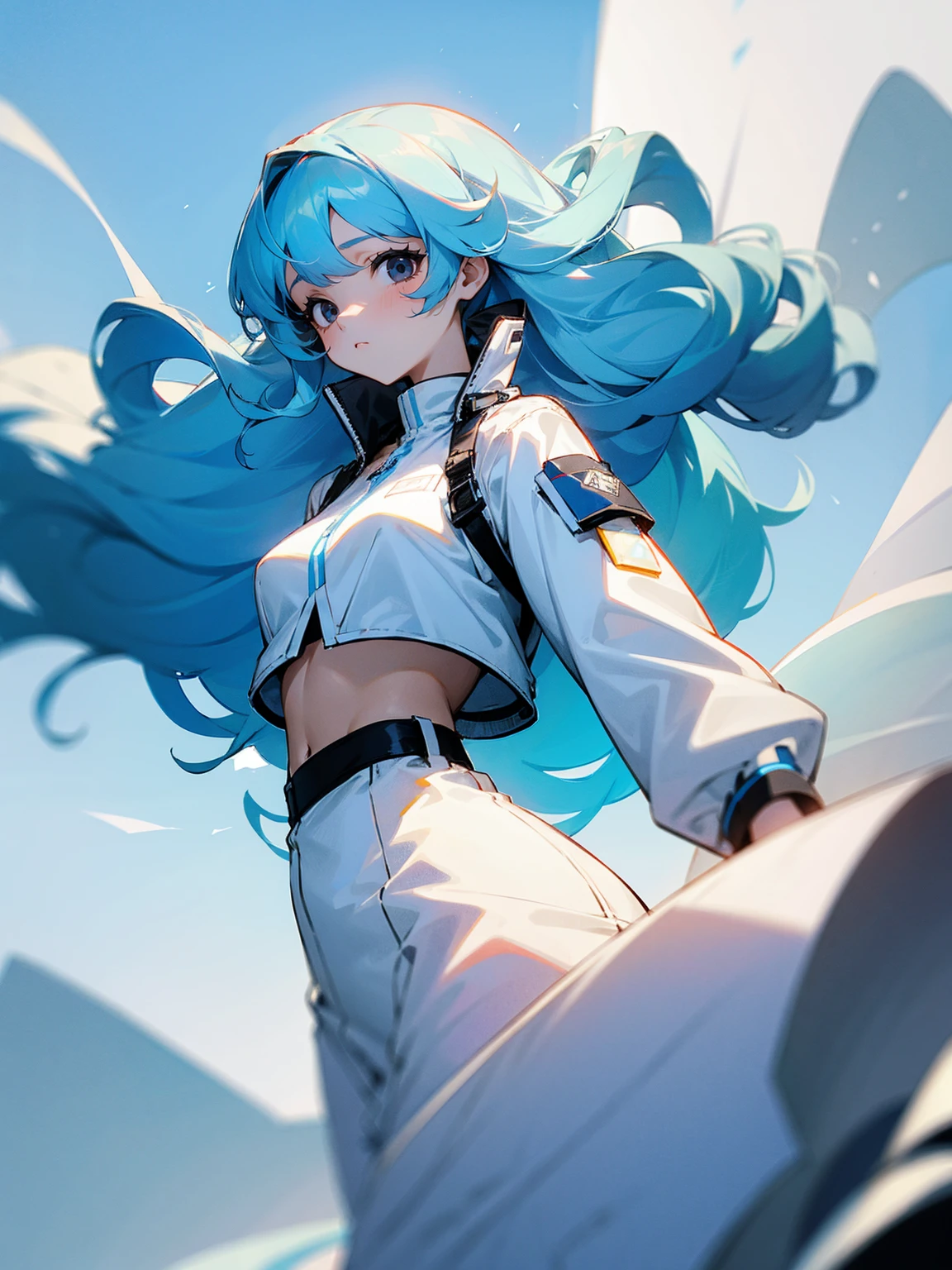 1female, long hair, sky blue hair, curly hair, white dress, crop top jacket, sad, black eyes