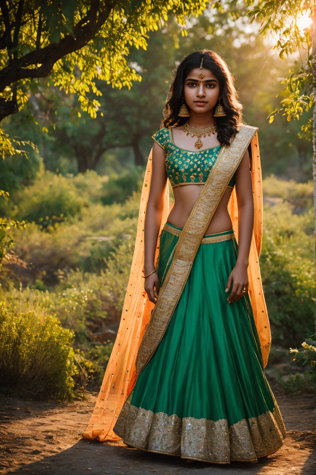 A photorealistic portrait of an 18-year-old Indian girl with an enchanting face that embodies the golden ratio, dressed in a colorful lehenga with exquisite craftsmanship, gracefully posing in a scenic outdoor location, full-body shot, 8k hdr, high detailed, lot of details, high quality, her expression should radiate innocence and joy, as sunlight filters through the trees and beautifully illuminates her face.