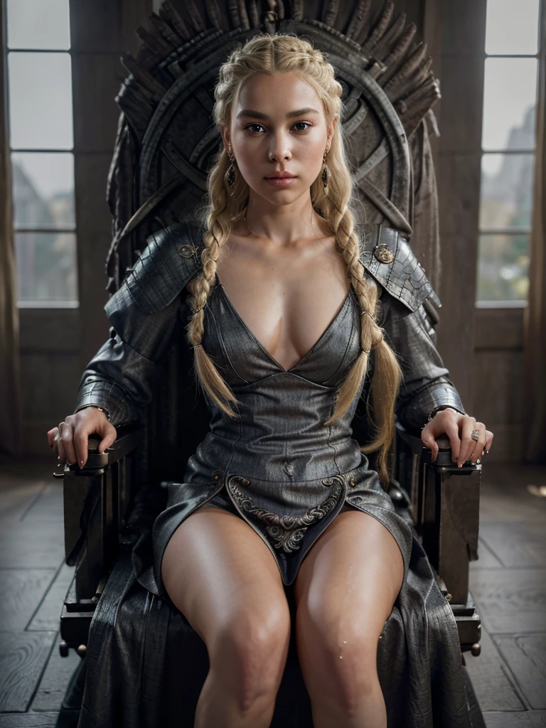 8k, RAW photo, best quality, ultra high resolution, (photorealistic), realistic photo of skinny rhaenyra targaryen, (skinny rhaenyra targaryen, blonde hair, braided hair, braids), in the castle, ("house of the dragons" movie scene), bright light (full body picture), (sitting on the iron throne), ((iron throne)), ((seductively sitting pose), seductive, (wearing: ((rhaenyra targaryen queen dress), (earrings), (jewelry)), (((looking at viewer))), fierce look, seductive, (extremely detailed CG unity 8k wallpaper), Sharp focus, (bright light)