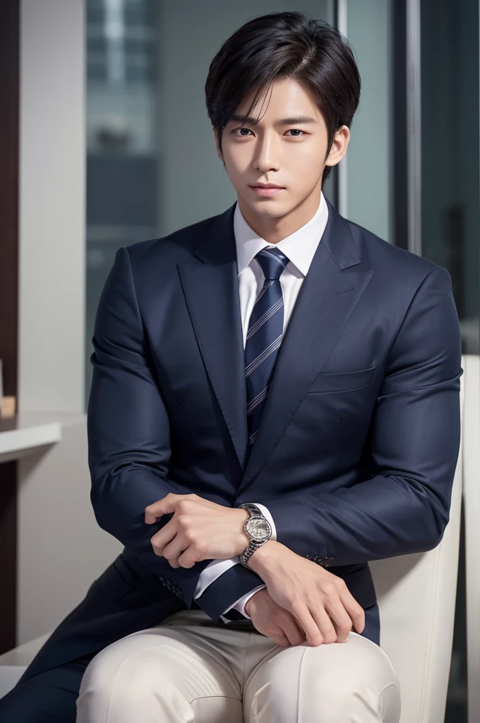 A handsome, muscular, wealthy CEO, Asian, in his 20s, with double eyelids and clear eyes, and a short, two-block hairstyle.