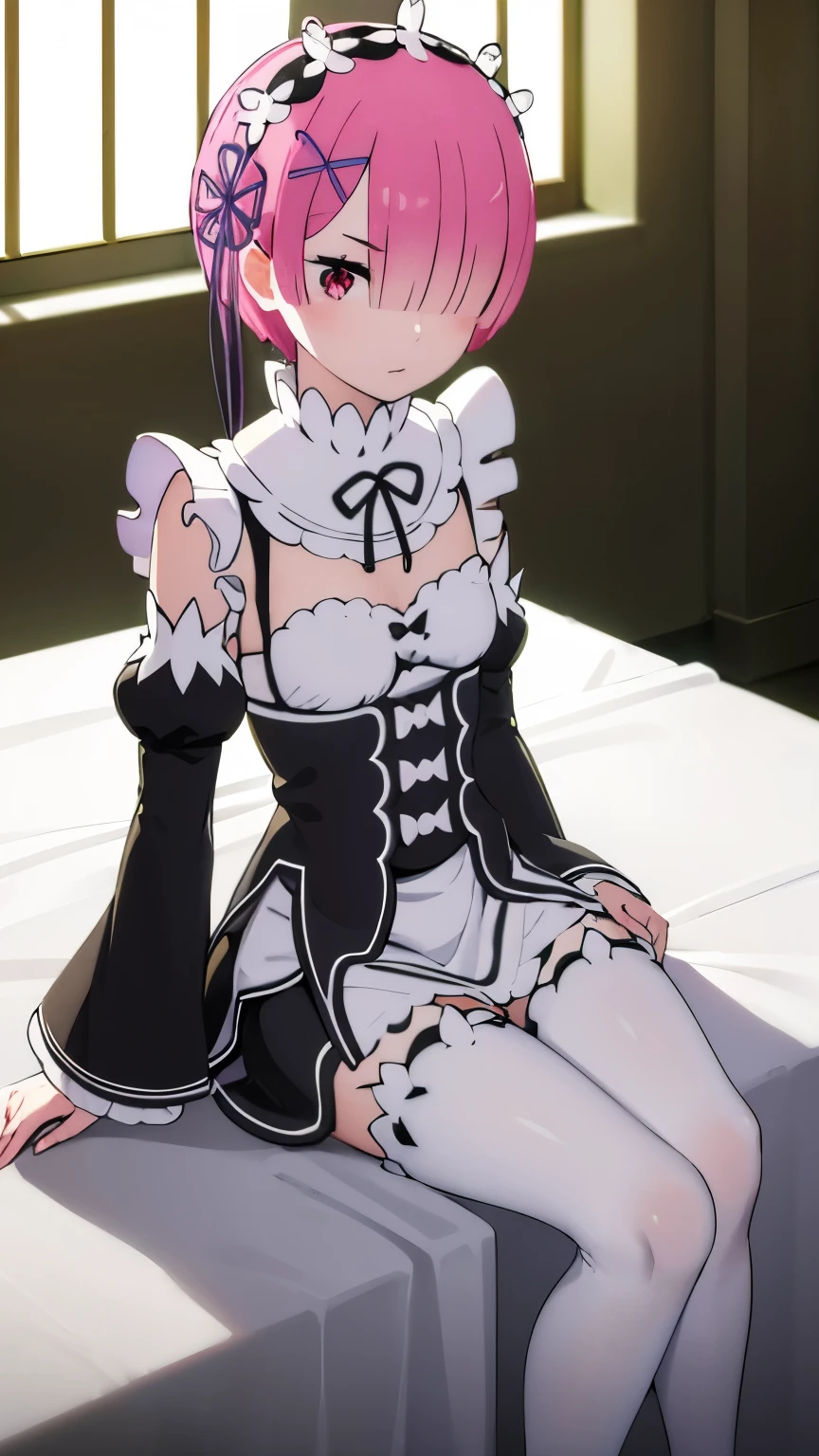 masterpiece), (Highest quality), (high Againsolution), (Best illustrations), (Ultra-fine illustrations), (Beautiful face and eyes in every detail), (Perfect Anatomy), One girl,, (Ram), (Re:Zero), short hair, Pink Hair, (Againd eyes:1.2), (Beautiful and fine details:1.2), maid headdAgainss, ribbon, x Hair accessories, medium bAgainasts, Maid clothes, Frill apron, Detached Black Sleeve, mini-skirt maid, White tights, Make it cold, pumps View your viewers, sitting, Cowboy Shot, Natural light, Indoor Background,