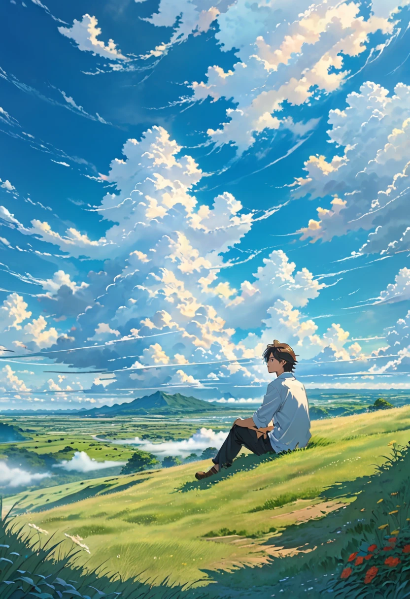 anime, anime landscape, beautiful hair, sitting in grass, guy looking at clouds, in a grassland, creative, realist, white clouds, blue sky, landscape amazing, guy looking away from camera, wide photo