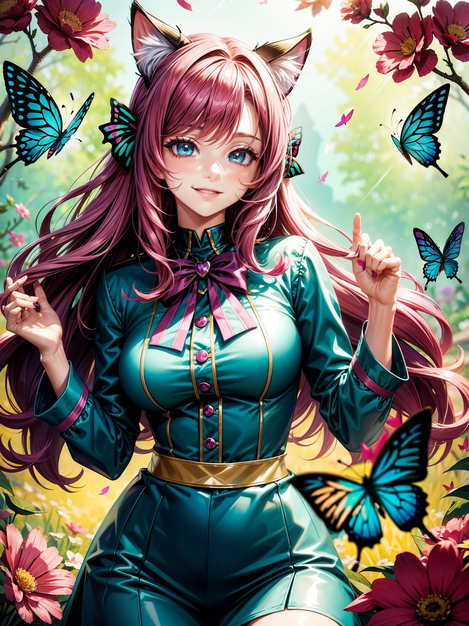 Magenta hair, hazel eyes, older woman, hair bows, cat ears, long hair, smiling face, sexy outfit, butterflies, teal and gold outfit, butterfly background, uniform top