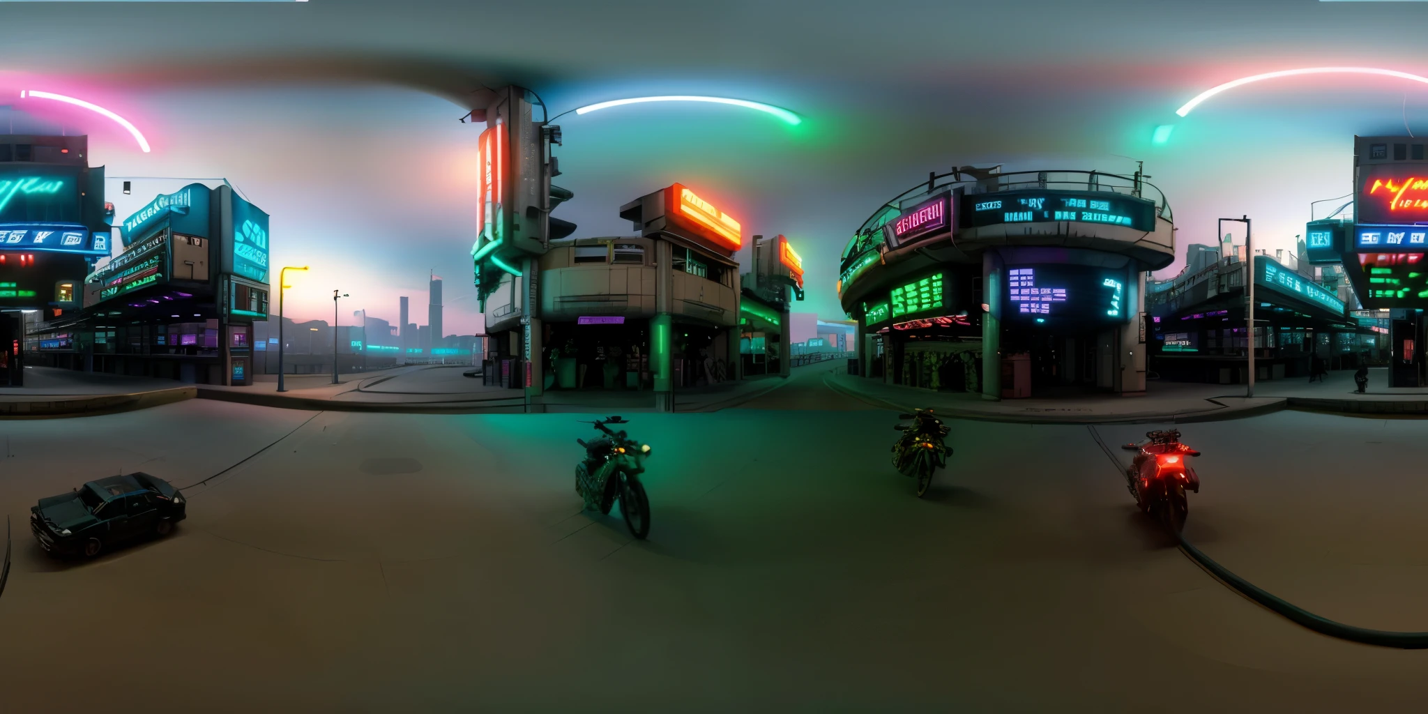 cyberpunk city, neon lights, distopic, trafic, octane render, hyperdetailed, 360 degrees panorama