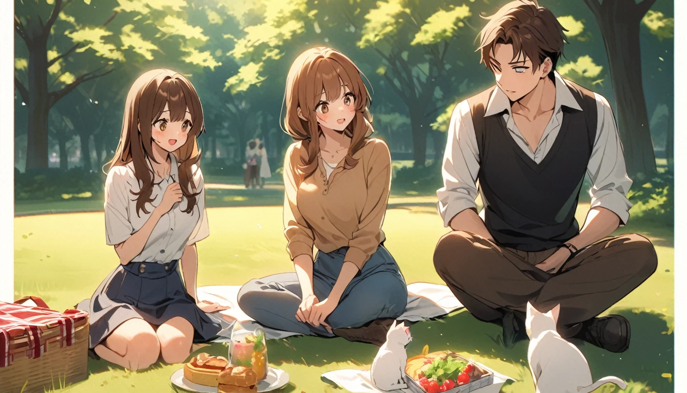 1 couple,brown long hair girl,man with brown hair,Picnic break,There is 1 white cat.,park