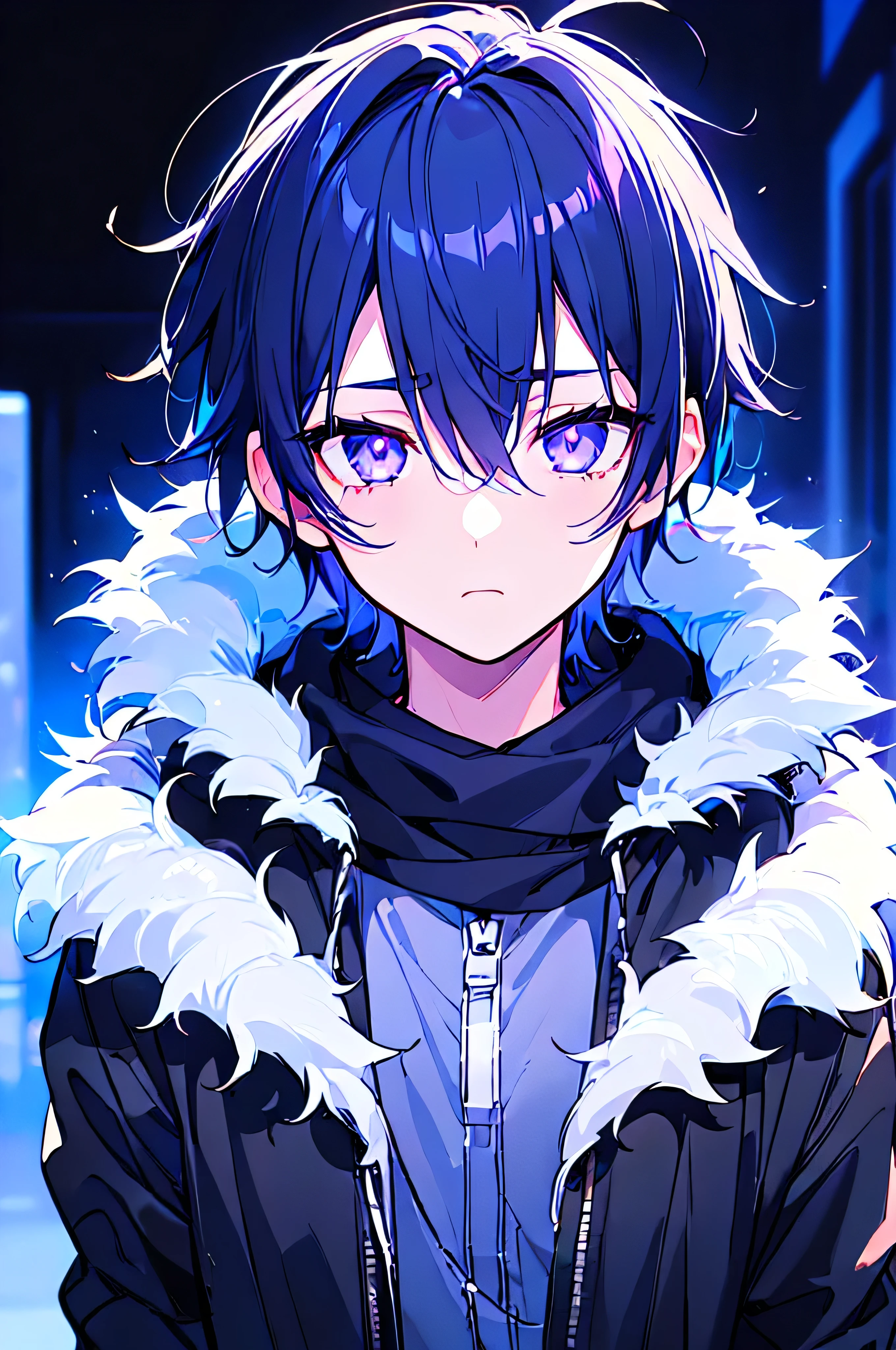 [(BLACK BACKGROUND:1.5),::5], ((((masterpiece)))), high quality, ultra very high resolution, full color, (((solo))), (((little boy))), men's black hair, ((blue colored inner hair)), ((purple blank eyes)), anime, ((upper body)), gloom expression depressed, neon light, black parka, 