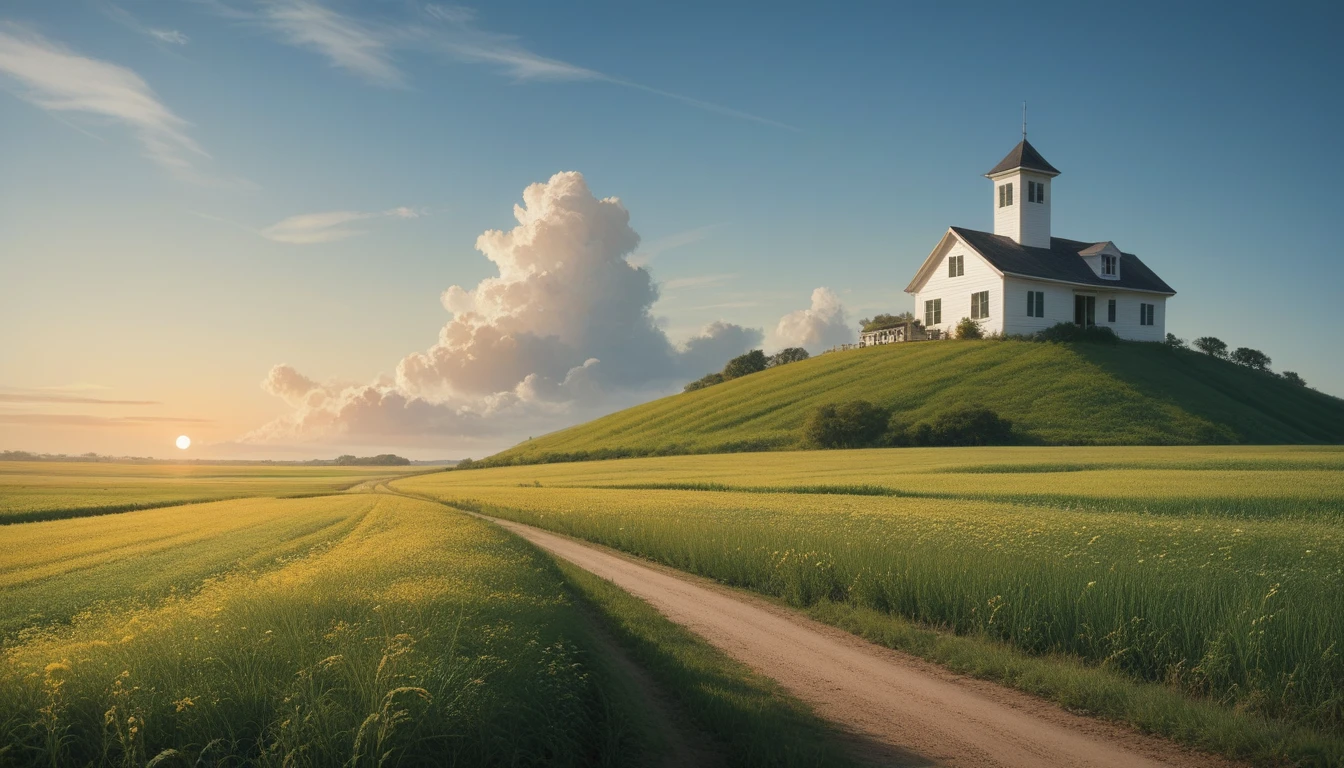 An image of a The sun was shining high, The sky was an intense blue, and the road to the white house, surrounded by green fields and wildflowers, promised a peaceful getaway. PICTURE REALISTIC, High resolution 8K 