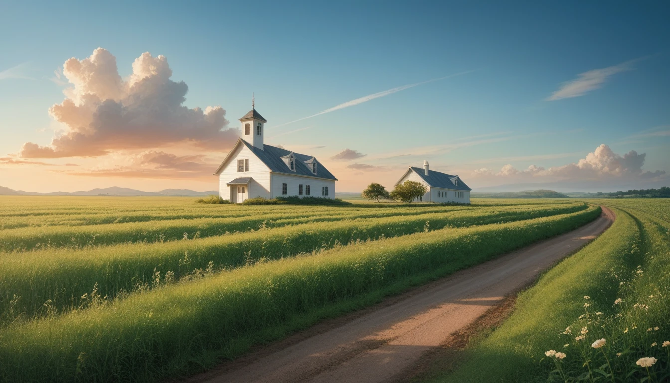 An image of a The sun was shining high, The sky was an intense blue, and the road to the white house, surrounded by green fields and wildflowers, promised a peaceful getaway. PICTURE REALISTIC, High resolution 8K 