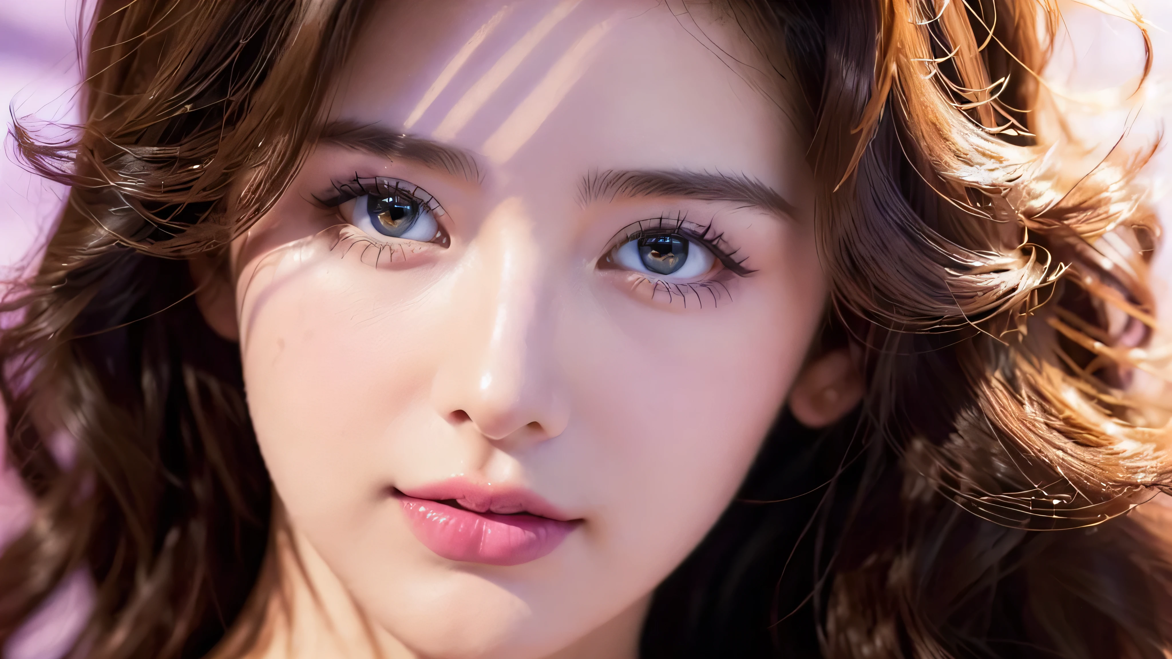 (Close-up of beautiful 28-year-old girl in classic style light purple dress: 1.2), stock photo film, camera f1. 6, saturated colors, lively, Patterns are lifelike, Impressive classic lighting, Modern style, y full body photo, Evening, Medium curly hair dyed light brown